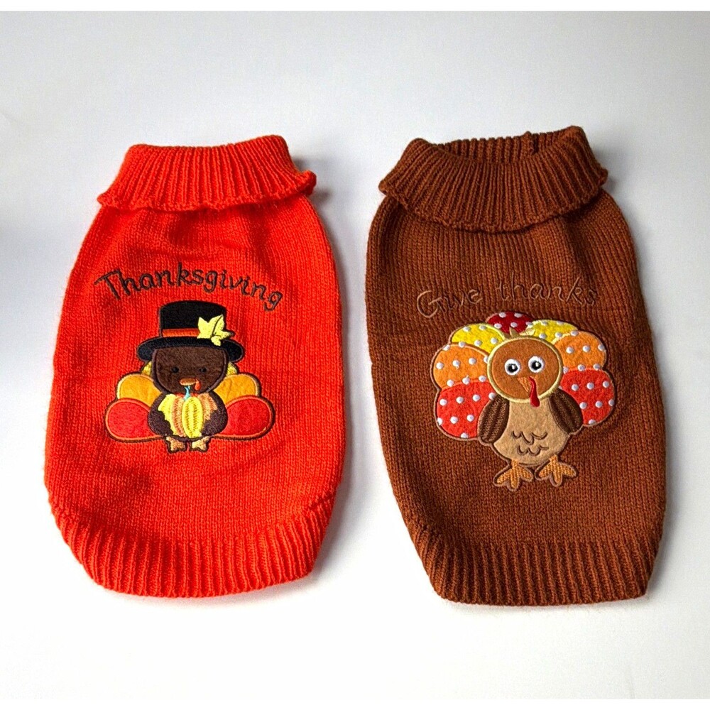 2-Pack Knit Dog Sweater Thanksgiving Turkey Orange/Brown Size S Warm Winter